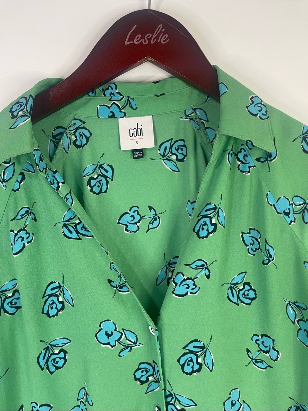 CAbi Green Button-Down Blouse with Blue Floral Print - Picture 4 of 11
